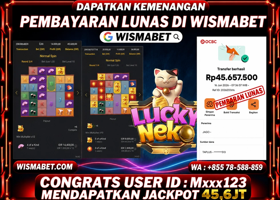WISMABET - BUKTI KEMENANGAN Lucky Neko Rp45,600,000,- LUNAS